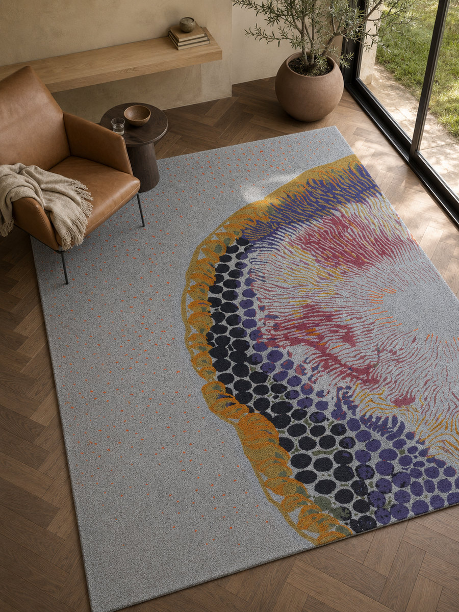 Inner Bloom, a hand-knotted wool and silk rug, in a sunlit living room