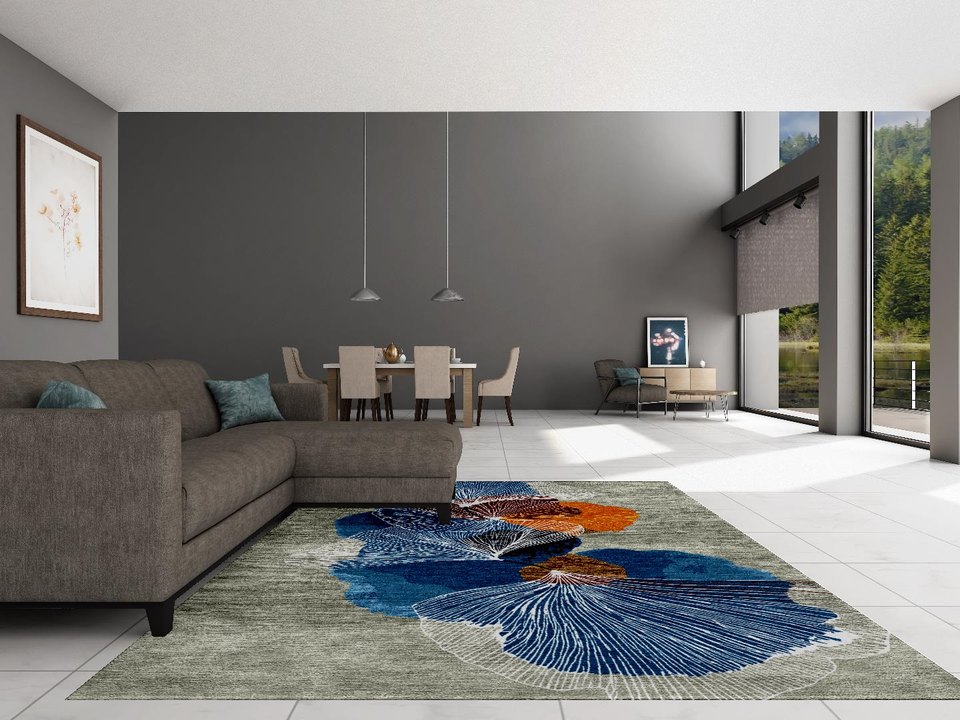Azure Veins hand-knotted rug in a living room