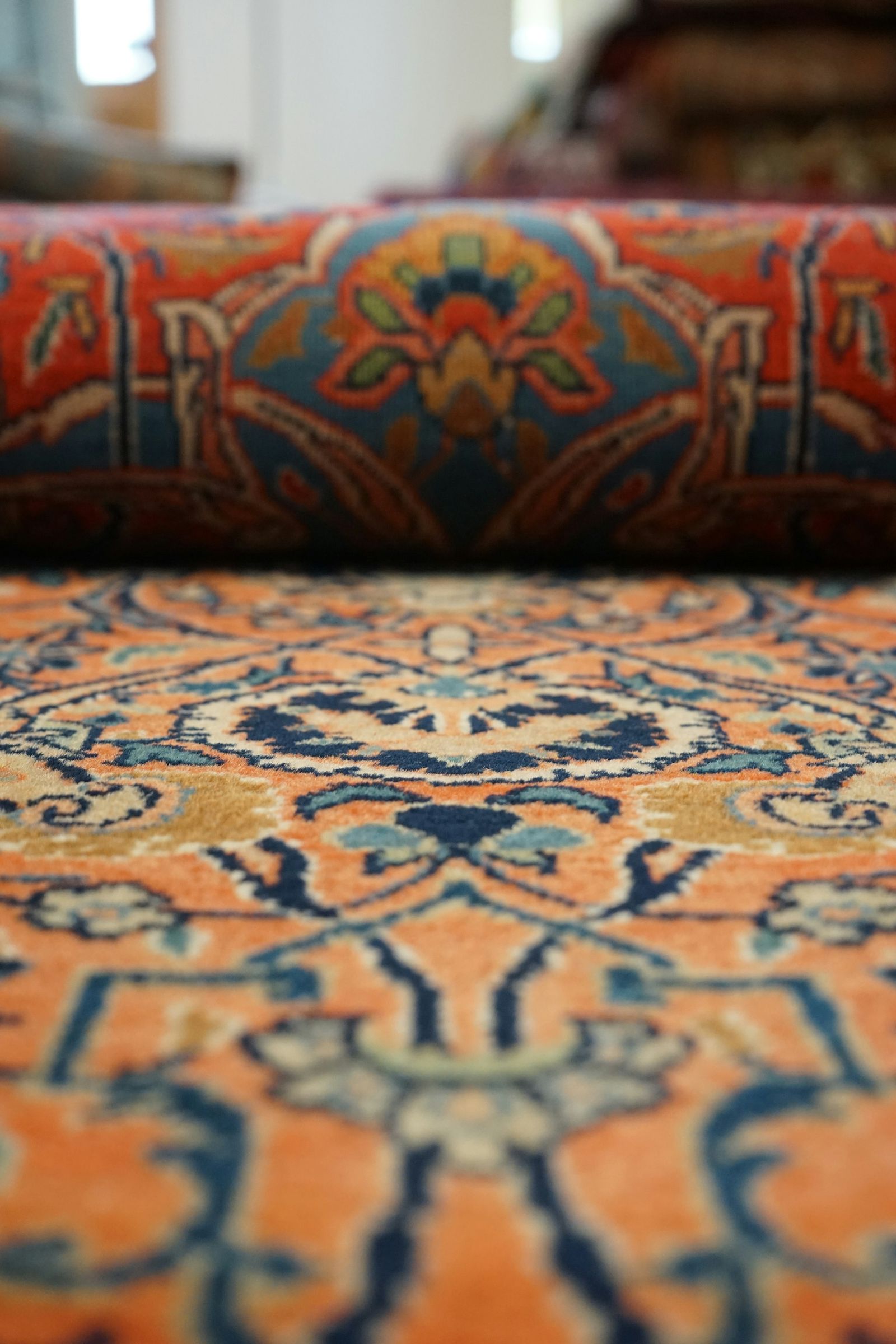 Close detail of a hand-knotted Carpet Artisan rug, pile and selvedge